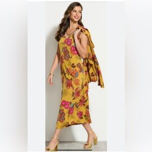 NWT IMAN Gold Floral Midi Dres with tie front topper jacket size small 🌸🌹🌺 B